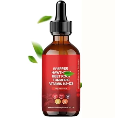 Cayenne Chili Drops Supplement Hawthorn Fruit Vitamin D3 K2 Beetroot Turmeric Curcumin Ceylon Cinnamon -60ml for Vegetarians(1pc)