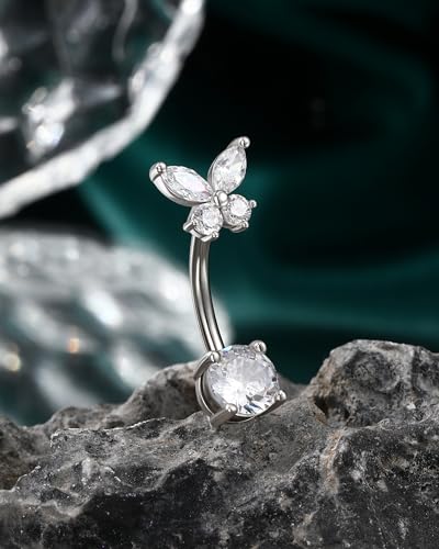 COCHARM 14G Butterfly Belly Button Rings Stud Silver Belly Navel Rings for Women Clear Belly Piercing Jewelry Stainless Steel4