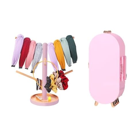 MUGFILWJ Headband Holder Organizer with 6 Branches Wooden Scrunchie Display Hanger pink Earring Holder Stand for Women Foldable Acrylic Jewelry Display Stand pink Cover