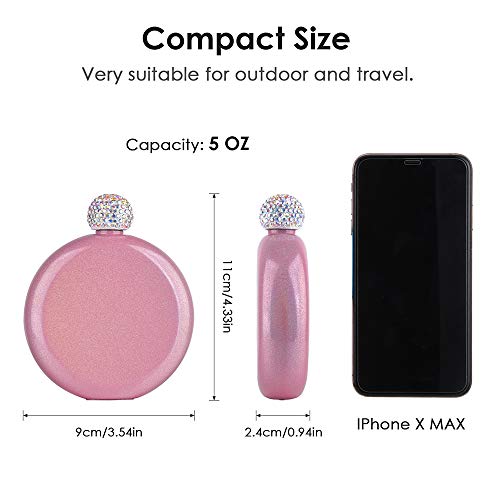 Cute Liquor Flask For Women, Junya 304 Stainless Steel,Pretty Glitter Coating Whiskey Flasks,Shining Rhinestone Cap,Portable Wine Flask For Drink Bar Bbqs And Traveling,Capacity 5 Oz (Pink) #TOP2