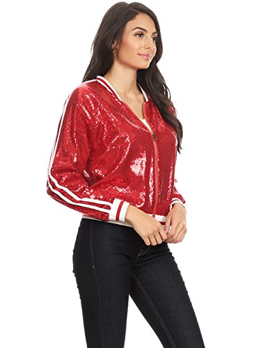 Anna-Kaci Womens Long Sleeve Front Zip Track Stripe Sequin Bomber Jacket3