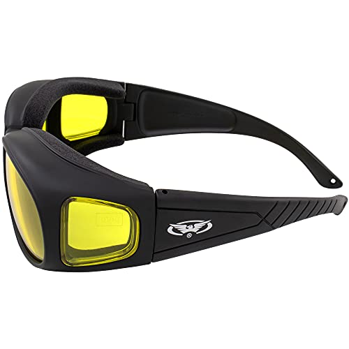Motorcycle Safety Sunglasses Fits Over Glasses Yellow Lenses Meets Ansi Z87.1 Standards For Safety Glasses Has Soft Airy Foam Padding Comes With Storage Pouch And Strap #TOP6