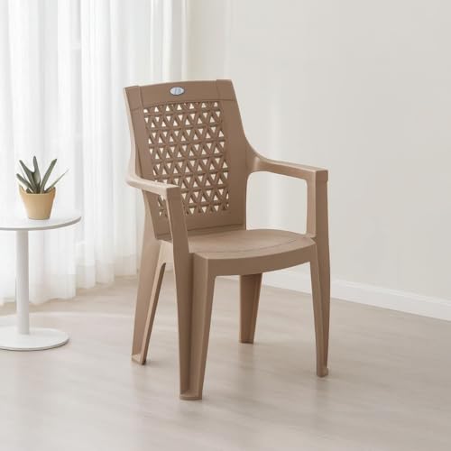 Image of Nilkamal Elevate Plastic Chair with Arm | Set of 4 | Stackable Chair | for Living Room, Bed Room, Kitchen, Balconies, Outdoor | Rattan Dark Beige