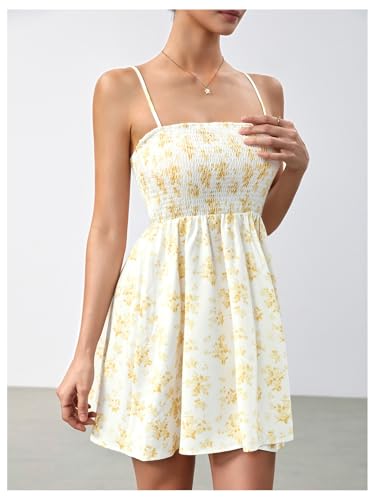 Image of Floerns Women's Boho Floral Print Sleeveless Sundress Ruched Bust Flare Hem Vacation Cami Short Dress
