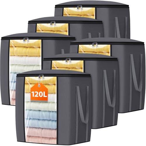 TasticTotes 120L Extra Large Blanket Clothes Storage Bags, Black, 6 Pack