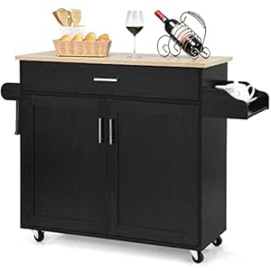 PETSITE Kitchen Island Cart with Storage Cabinet on Wheels, Spice Rack Towel Rack & Drawer (Black)