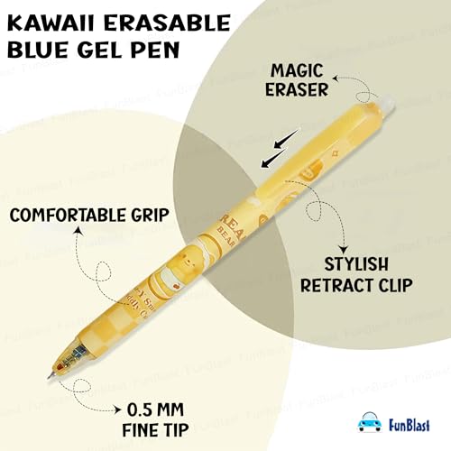 Image of FunBlast Creamy Bear Erasable Gel Pens - 12 Pcs of Gel Pen with Magic Eraser, Kawaii Gel Pens, Lightweight Gel Pen with Comfortable Grip, Stationery for School & Office - Blue Ink