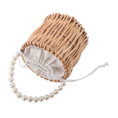Ipetboom Woven Rattan Storage Basket with Elegant Pearl Handles Rattan Basket for Weddings Flower Beach Bag and Home Organization Lightweight and Portable Design