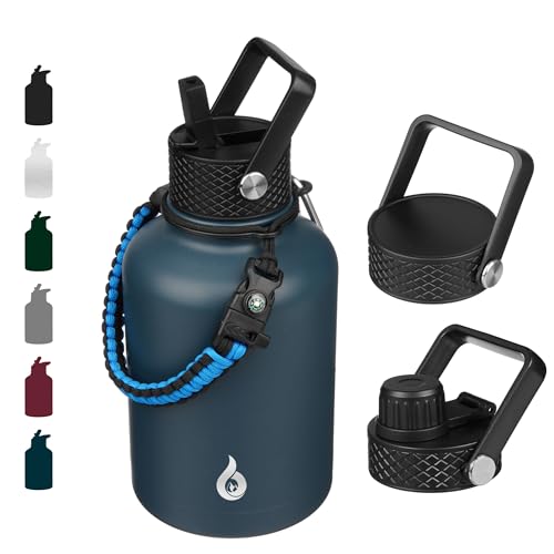Image of BJPKPK Insulated Water Bottles with Straw Lid, 50oz Large Water Jug, Stainless Steel Vacuum Bottles, Hot & Cold Thermo with 3 Lids and Paracord Handle,Navy Blue