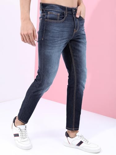 Image of Highlander Mens Tapered Fit Denim Jeans for Man |Jeans Pant Cropped Length|Mid-Rise|Stylish Casual Wear with Stretchable Fabric