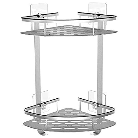 Amazon 浴室ラックコーナー バス用品 コーナーラック 2段収納棚 浴室用収納ラック 錆びないアルミ製バス用品 強力粘着フック6枚シャワーラック 25kg耐荷重バスラック 穴をあけず浴室収納 ラック 傷つけない水切りラック 浴室用ラック ホーム キッチン オンライン通販