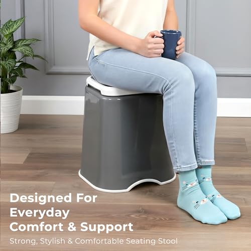 Image of Kuber Industries 18 Inch Heavy Duty Plastic Stool for Sitting & Bathing | Durable Anti-Slip Stool Senior Citizen Support Indoor & Outdoor | Multiple Space Use Home /Garden /Bathroom | Grey & White