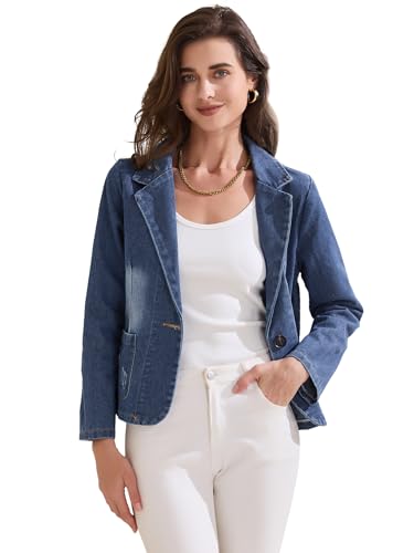 Allegra K Women's Loose Denim Jackets Washed Jean Notched Lapel Outwear with Pockets
