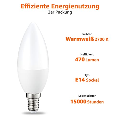 Amazon Basics E14 LED Weiß Lampe, Kerzenform, 2 Stück, 6W ersetzt 40W, dimmbar, klar – Ansicht 3
