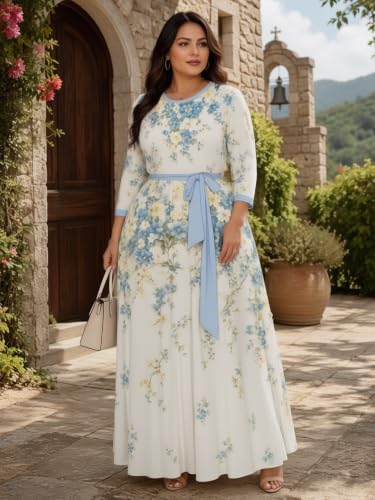 Image of Plus Size Maxi Dress for Women V Neck 3 /4 Sleeve Wrap Dress