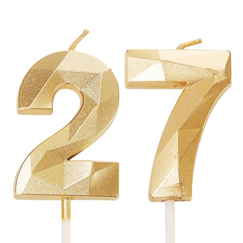 27th Birthday Candles, Gold Number 27 Happy Birthday Candles, Girls Boys Her Him Women Men Cake Topper Decorations for 27 Year Old Birthday Party Wedding Anniversary Celebration Supply Gold
