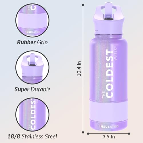 Coldest Insulated Water Bottle with Straw Lid - Stainless Steel Metal Insulated Bottle for Men & Women (Purple Glitter, 32 oz) - Thumbnail 5