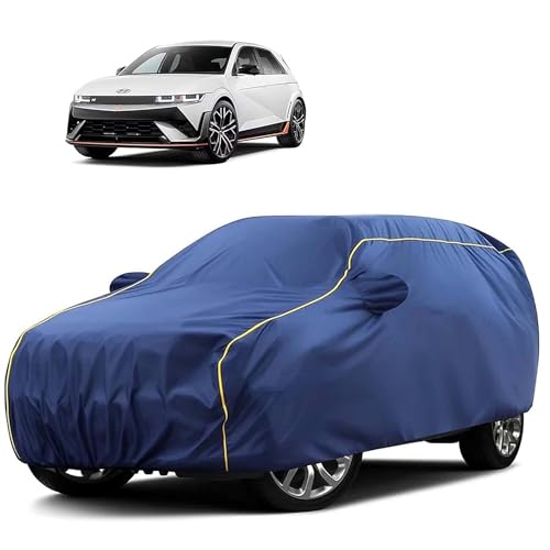 Image of Sulfar 100% Water Resistant Car Body Cover Compatible with Mirror for Hyundai IONIQ 5 (Triple Stitched, Full Bottom Elastic, Blue Tafetta with Yellow Piping)