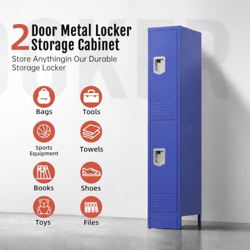 Image of BUTISOW 2 Door Metal Storage Locker for Gym Office, Heavy Duty Steel School | Locker with Lift Up Handle & Recessed Hasp, Slim 2-Tier Lockers for Home Garage, 72 inchH x 12.4 inchW x 15.75 inchD, Blue