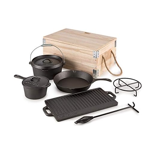 Klarstein Hotrod Masterplan Dutch Oven Set • 7-Piece Cookware Set• BBQ• Cast Iron for Cooking • Frying • Baking • Open Fire (Dutch Oven Pot with 4.5qt / 4L, Extra-High Lid Rim, Easy Handling)