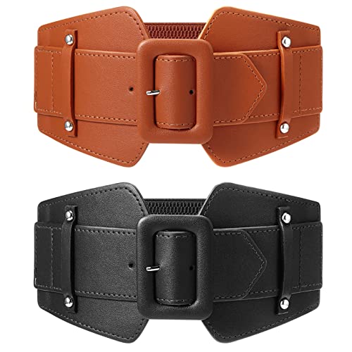 Geyoga 2 Pieces Women Wide Stretchy Cinch Waist Belts Corset Retro Chunky Buckle Belts Stretchy Waistband Dresses