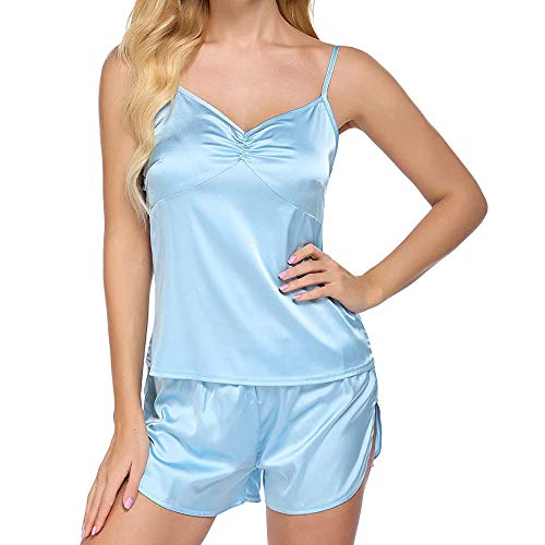 Pyjamas set light blue en soie artificielle à lacets réglables