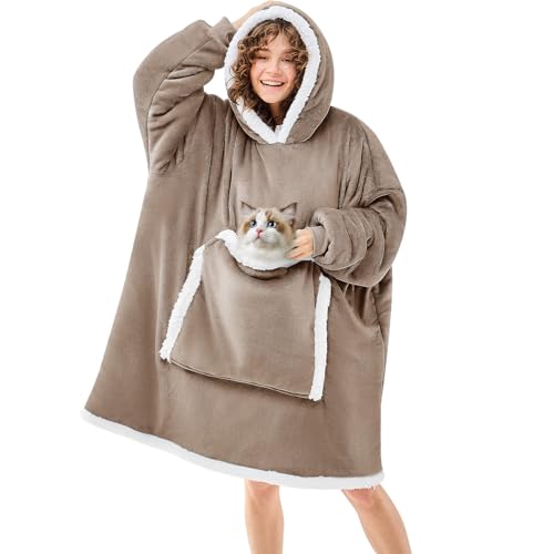 JOYWOO Nude Wearable Blanket Hoodie,Oversized Cat Lovers Sweatshirt Blanket for Adult, Birthday Gifts for Women Mom Grandma,Cozy Sherpa Hooded Blanket with Giant Pocket Winter Gifts,Nude Standard