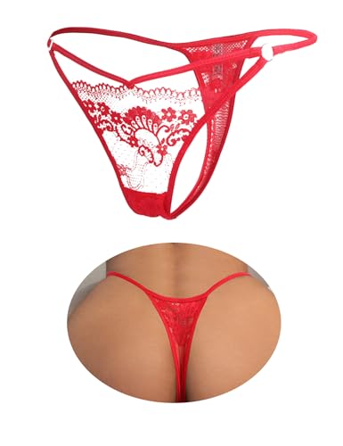 ohyeahlady Micro Tangas de Encaje Ajustables Talla Grande Bragas Brasileñas Mujer Transpirable Suaves Mini String Braguita Elástica Cintura Baja Tanga de Hilo T Back Thong Lencería Culottes Rojo,M