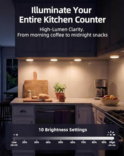 Image of EZVALO Under Cabinet Lighting, 1000mAh Rechargeable Puck Lights with Remote, 3 Color Temps & 12 RGB Motion Sensor Closet Lights Indoor, Dimmable Under Counter Lights for Kitchen (Wood Grain, 6 Packs)