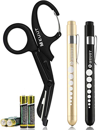 MEUUT 3 Pack Pen light & Medical Shears-Two LED Medical Penlights with Pupil Gauge, One 7.5 EMT Trauma Scissor with Carabiner-Bandage Scissor for Nurse Doctor EMT