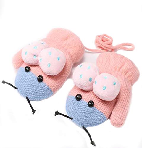 Greenery-GRE Toddler Kids Winter Warm Knit Mittens with String Plush Fleece lined Cartoon Gloves for Infant Baby Girls Boys (Ladybug Pink), 127cm