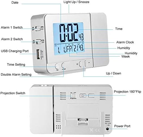 DEWIN Projection Alarm Clock - Projection Clock LED Multifunction Projection Digital Alarm Clock Temperature USB (Silver)
