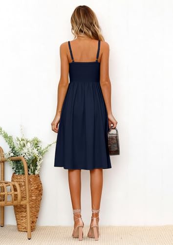 Image of ECOWISH Women 2026 Summer Dresses Tie Front V-Neck Spaghetti Strap Button Down A-Line Backless Swing Midi Dress