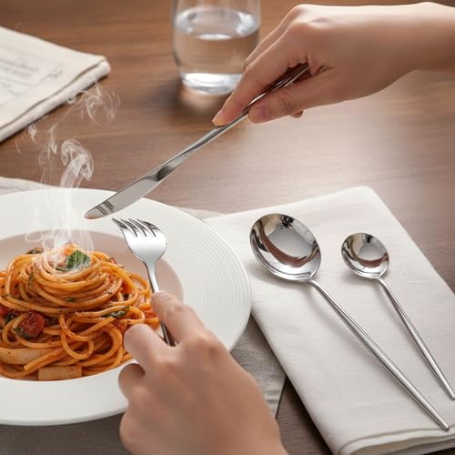 Image of 15 Pcs Silver Cutlery Set for Dining Table the Perfect Lightweight Silim Handle Tableware Including Dinner Spoon, Dinner Fork, Dinner Knife, Dessert Spoon & Dessert Fork