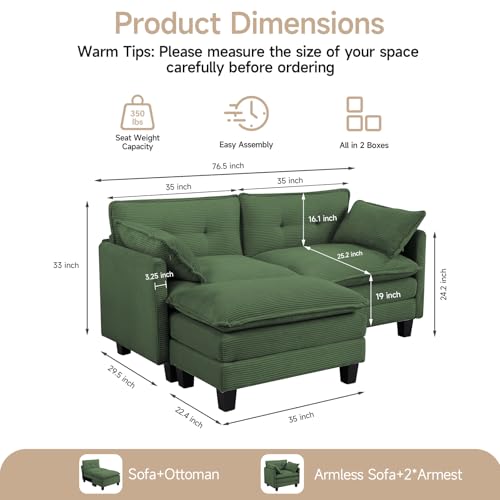 Image of Amsleekey 76.5 inch L-Shaped Modular Sectional Sofa, Green Corduroy