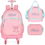 Mochila Infantil Rodinhas Stitch com Lancheira e Estojo 100 Pens Rosa