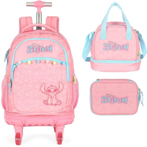 Mochila Infantil Rodinhas Stitch com Lancheira e Estojo 100 Pens Rosa