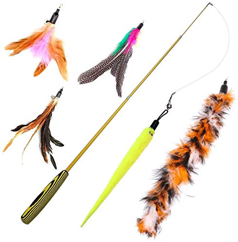 Tarnel Diealles interactief kattenspeelgoed, intrekbare natuurlijke veerstaaf, kattenspeelgoed met 5 stuks kattenhengel, reserve veer, worm, kattenspeelgoed