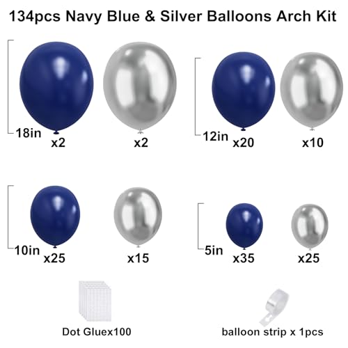 Image of Blue and Silver Balloons Arch Garland Kit, 134pcs Navy Blue and Silver Balloons with Different Size for Birthday Party Baby Shower Graduation Class of 2026 Prom Decorations