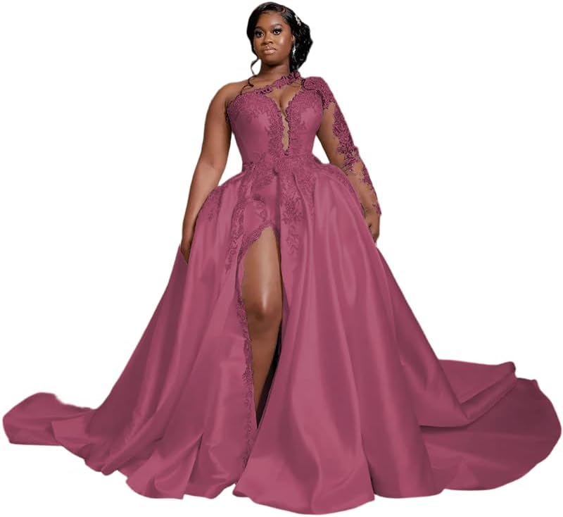 One Shoulder Wedding Dresses for Women Laces Satin Bridal Dress Applique Formal Gown Long Sleeve Split Side2026