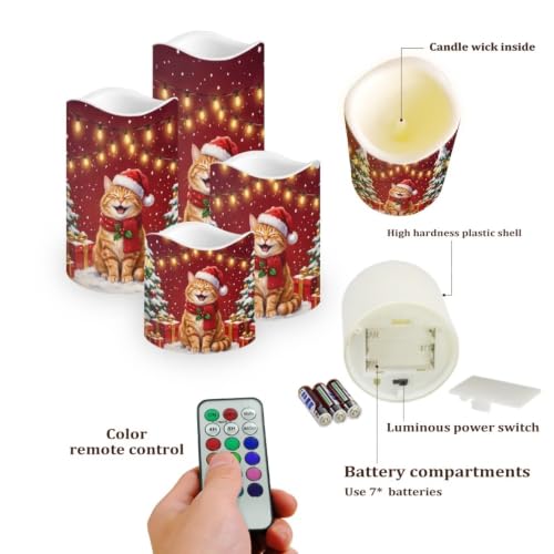 Image of Cat Christmas Flameless LED Candles Set of 4 | Xmas Battery Operated Candles with Remote Control, Electric Pillar Candles for Holiday Party Decorations