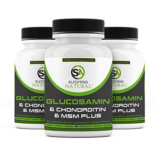 Surpresa Natural Glucosamina Chondroitin & MSM Cápsulas altas dosis I 3 x 195 cápsulas I 4500 mg por dosis diaria I Complemento dietético sin aditivos y probado en laboratorio I 1 mes de suministro