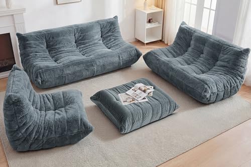 Image of Bean Bag Pouf Ottoman, Foot Stool, Foot Rest with Memory Foam Filled, Rectangle Ottoman for Living Room, Bedroom, Office (Grey Plush)