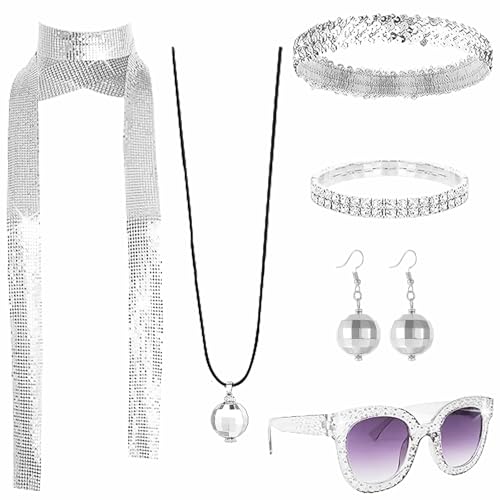 PPGGOPP Disco Accessoires, 6pcs 70er Jahre Disco Zubehör, Disco Outfit Damen Accessoires, 70er Jahre Kostümzubehör, Disco Schmuckset, Disco Outfit Damen, Disco Accessoires Damen