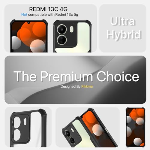 Image of Pikkme Ultra Hybrid Back Cover for Redmi 13C 4G | Poco C65 | Raised Edges |Crystal Clear Transparent | Full Camera Protection Bumper Case (Black)