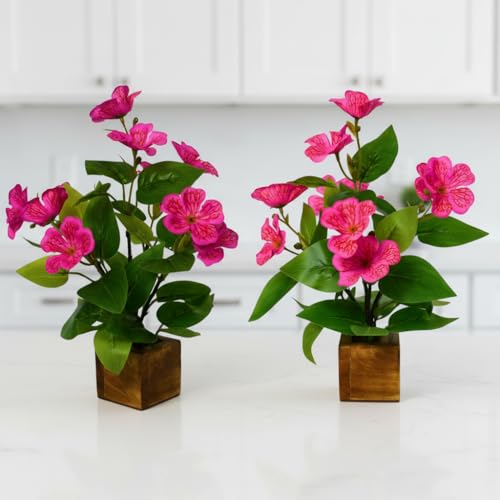 Image of fancymart Artificial Flower Plant Set of 2 with Wooden Pot - 23 cm Height | Real-Touch Faux Floral Decor for Home, Office, Living Room, Bedroom, Desk & Gift Purpose