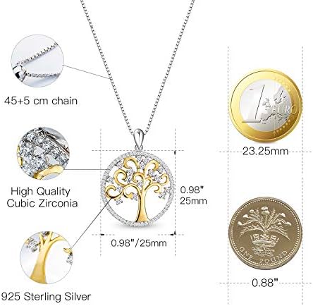 T400 Tree of Life Necklace 925 Sterling Silver Golden Round Pendant Jewelry Gift for Mother Women
