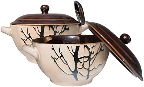 ECODECO Bake & Serve - Large Ceramic Soup Bowls With Handles - 30 Ounce - Set of 2 - Oven-, Microwave and Dishwasher Safe Pots with Lids