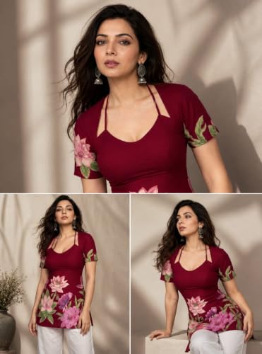 Image of Women's Floral Laila Cut Short Kurti Cotton V-Neck with Lining, Lightweight Short Sleeve Tunic, Breathable, Casual & Office Wear