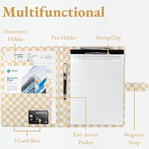 Image of Mymazn Padfolio Portfolio Folder, Faux Leather Interview Resume Folder with Document Organizer & Business Card Holder, Letter-Sized Notepad Legal Pad Holder for Men Women (Tan Checkered)